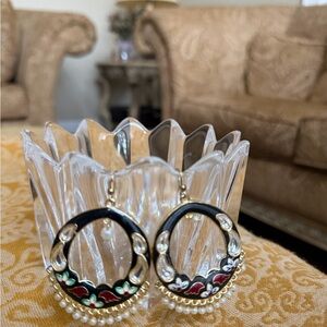 JAIPUR Black Enamel Floral Hoop Earrings with Pearls